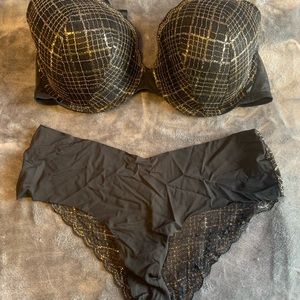 Victoria’s Secret Black and Gold Plaid Bra and Cheeky Panty Set